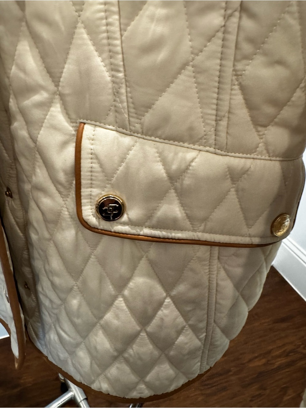Chico's Cream Quilted Puffer Jacket with Brown Trim - Picture 7 of 8
